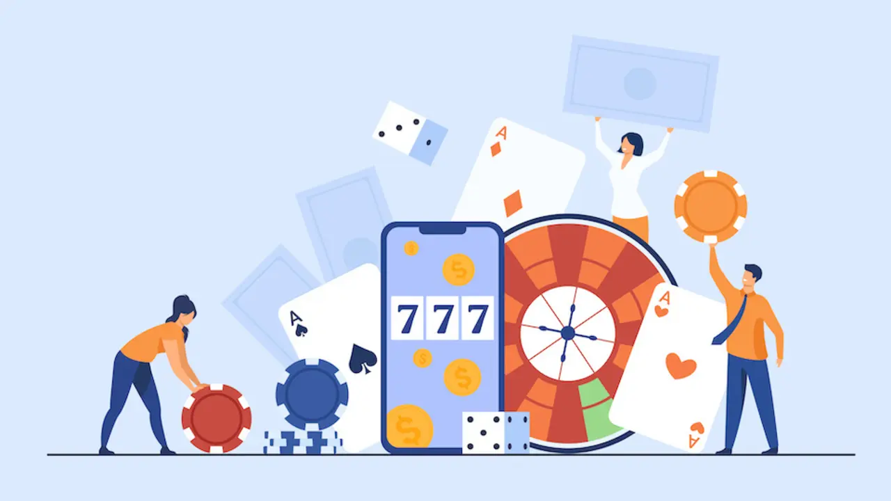Happy tiny people gambling in online casino isolated flat vector illustration. Cartoon characters playing in roulette, poker, blackjack. Money and risk concept