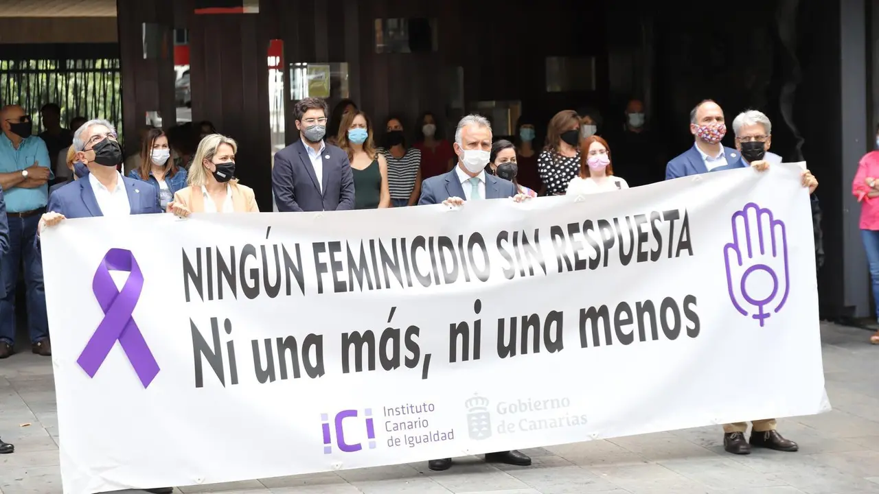 El presidente del Gobierno de Canarias, &Aacute;ngel V&iacute;ctor Torres, y los consejeros de su Ejecutivo, en un minuto de silencio por el asesinato machista de una mujer en La Laguna
