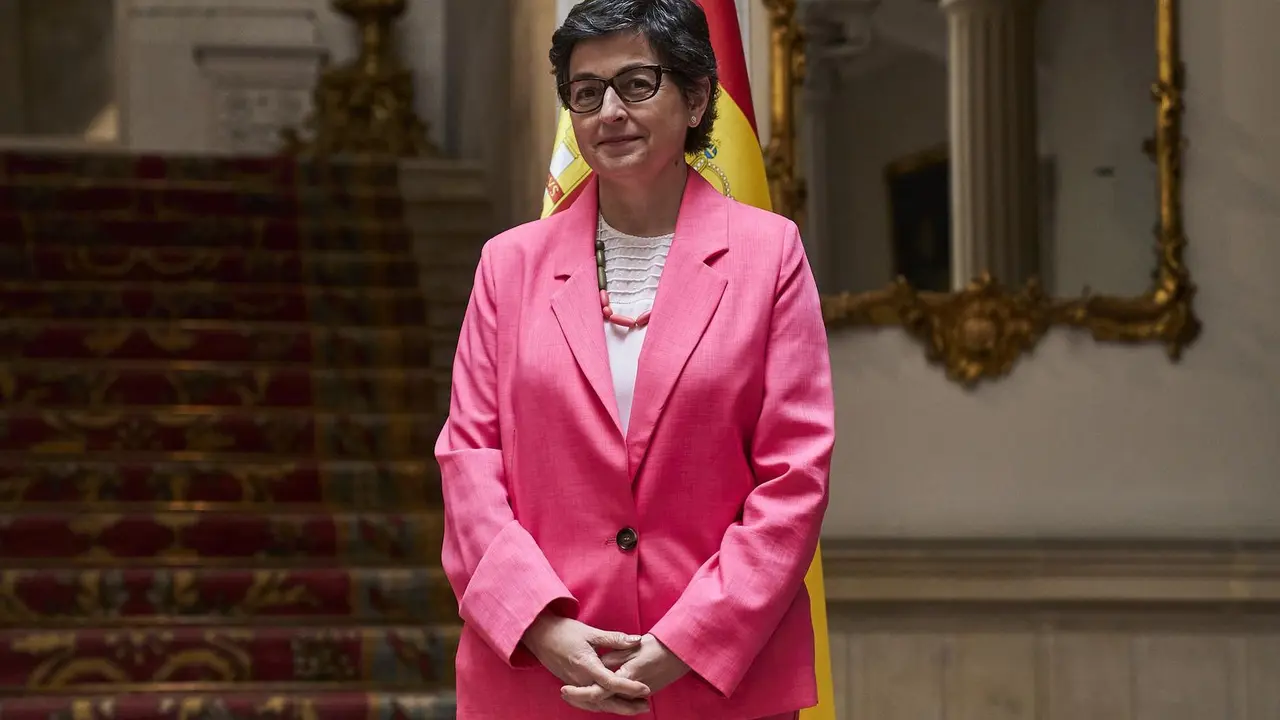 Arancha Gonzalez Laya recibe a Maros Sefeovie at Palacio de Viana in Madrid, Spain.