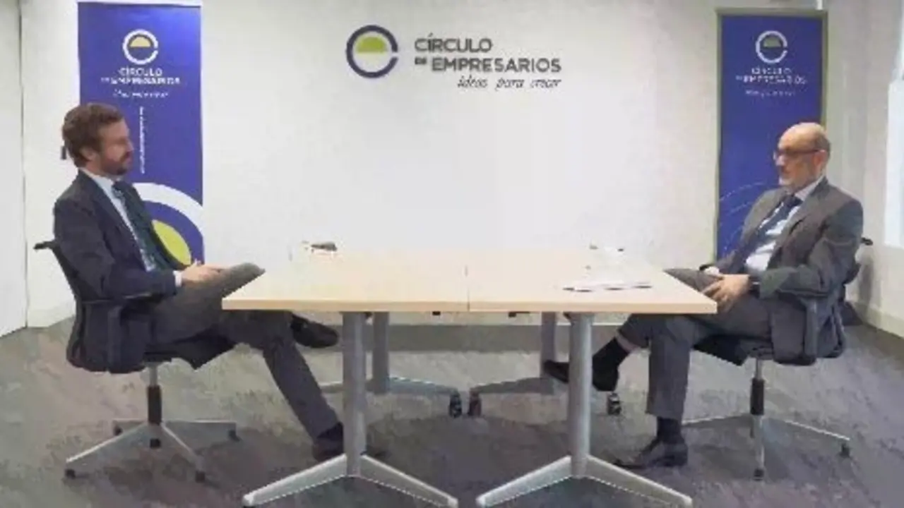 El presidente del PP, Pablo Casado, se re&uacute;ne con Manuel P&eacute;rez-Sala, presidente del C&iacute;rculo de Empresarios. En Madrid, a 18 de junio de 2021.