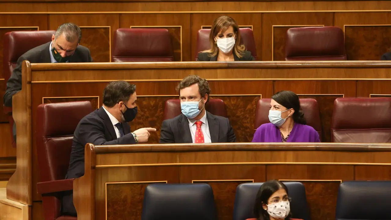 Archivo - El l&iacute;der de Vox, Santiago Abascal; el portavoz de Vox, Iv&aacute;n Espinosa de los Monteros; y la secretaria general de Vox en el Congreso de los Diputados, Macarena Olona