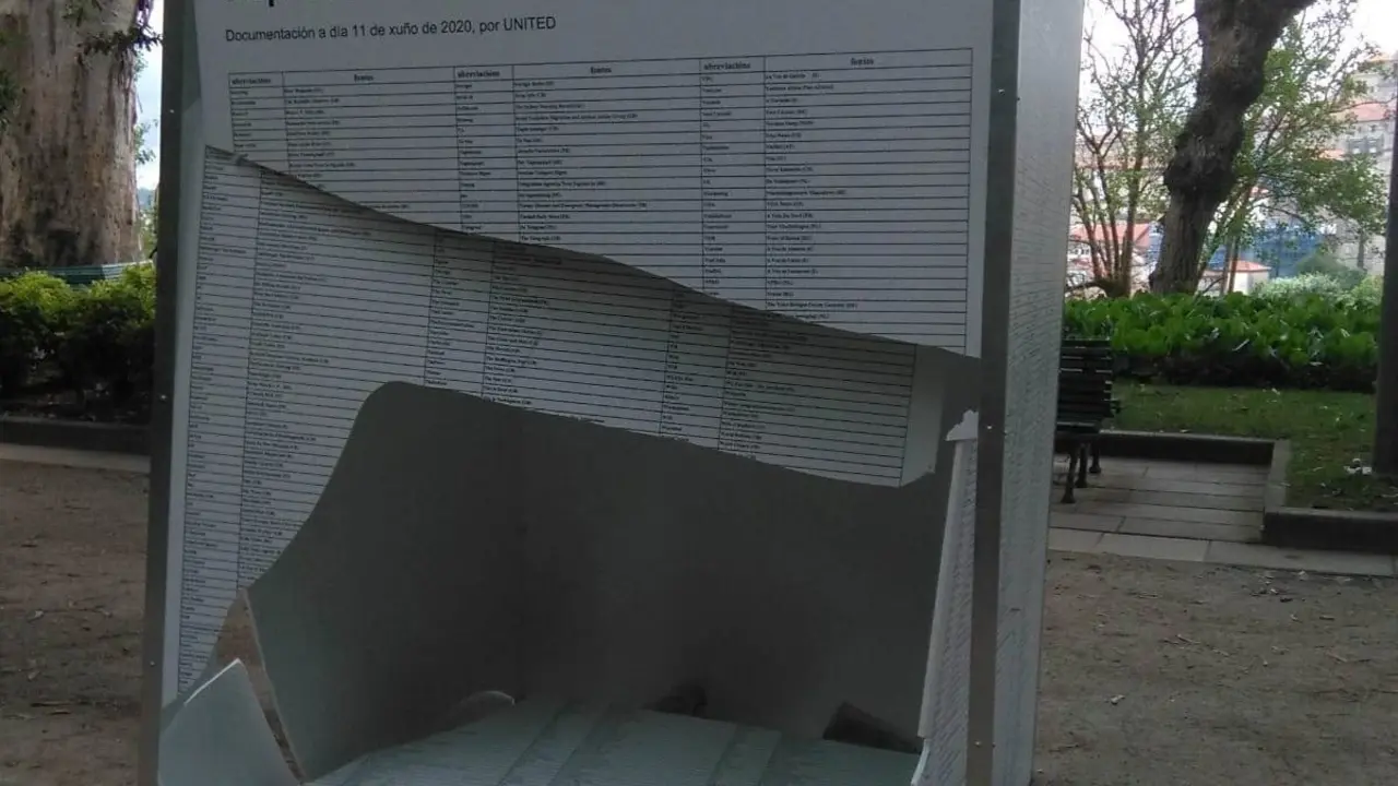 Da&ntilde;os en la exposici&oacute;n dedicada a las personas migrantes en la Alameda de Santiago de Compostela.