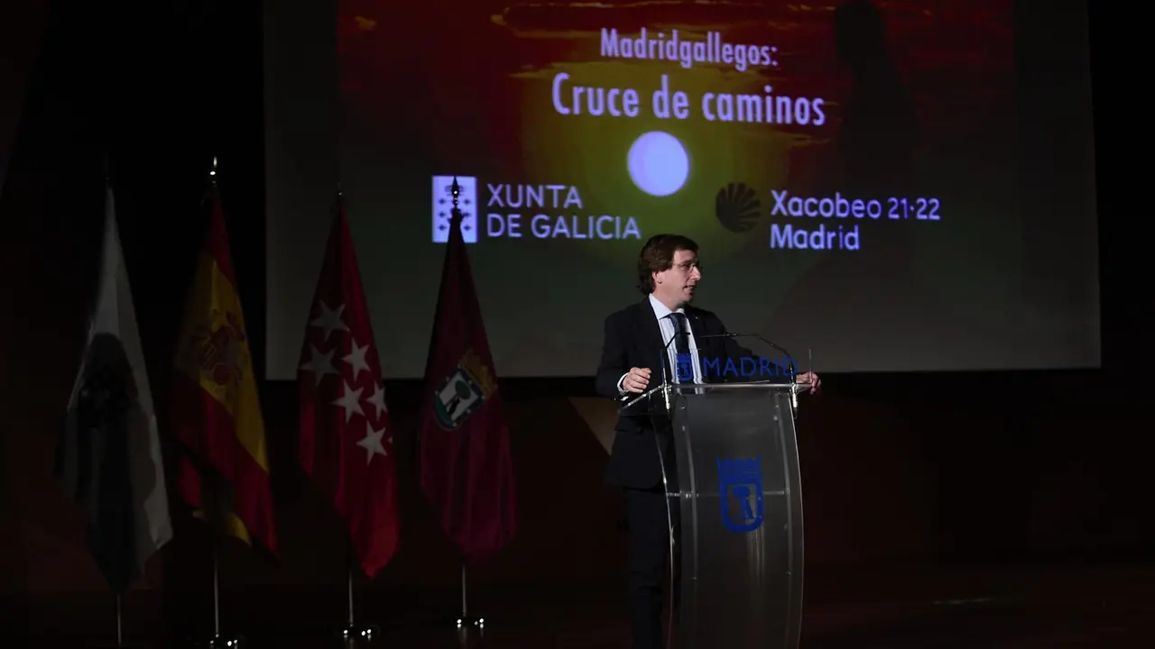 El alcalde de Madrid, Jos&eacute; Luis Mart&iacute;nez-Almeida, interviene en la presentaci&oacute;n de la Semana Xacobeo 21