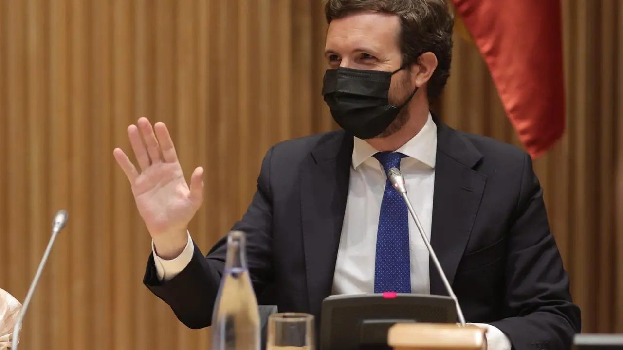 El presidente de PP, Pablo Casado, preside la reuni&oacute;n de la plenaria conjunta de los grupos parlamentarios de la formaci&oacute;n en el Congreso de los Diputados y del Senado, a 21 de junio de 2021, en Madrid (Espa&ntilde;a).