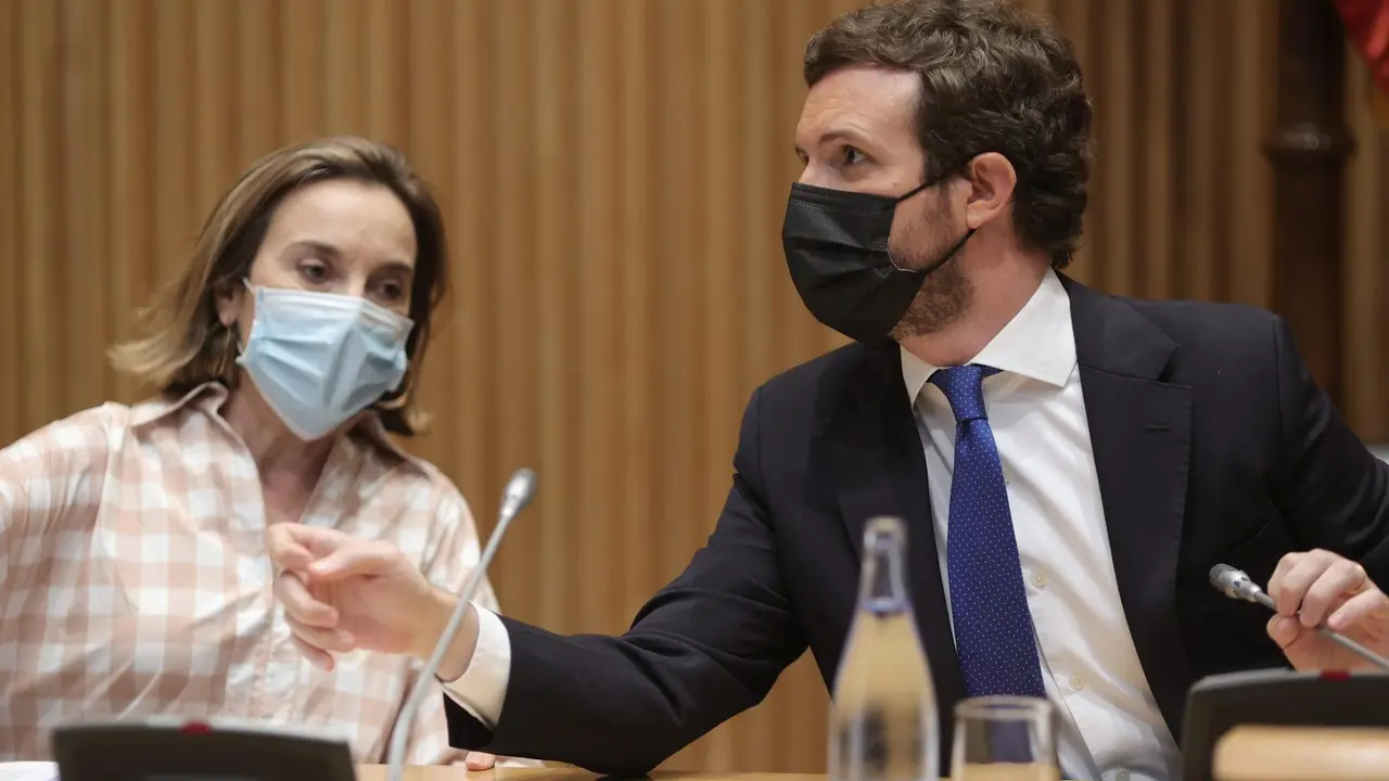 La portavoz del PP en el Congreso de los Diputados, Cuca Gamarra y el presidente de PP, Pablo Casado, durante la reuni&oacute;n de la plenaria conjunta de los grupos parlamentarios de la formaci&oacute;n en el Congreso de los Diputados y del Senado.