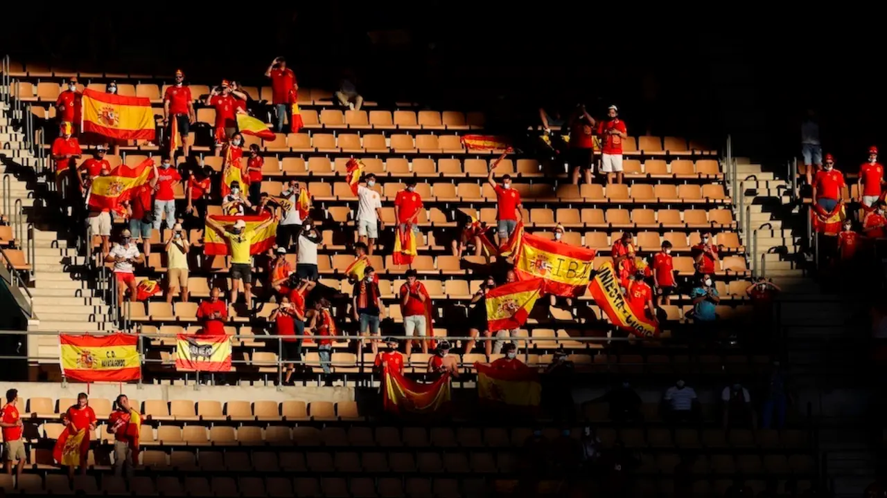 Seguidores de la selecci&oacute;n espa&ntilde;ola animan antes del encuentro entre Espa&ntilde;a y Polonia perteneciente al grupo E de la Eurocopa 2020, este s&aacute;bado en el Estadio de La Cartuja, en Sevilla. EFE/Kiko Huesca