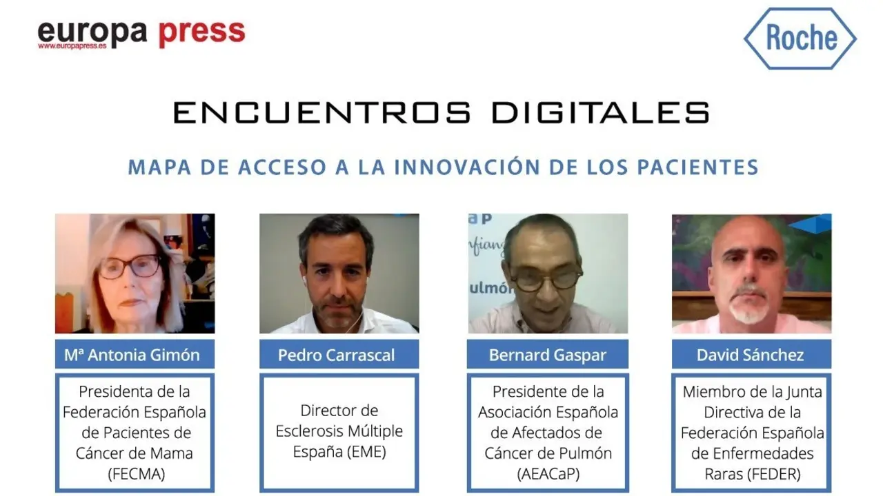 Montaje con intervinientes del encuentro digital de Europa Press 'Mapa de acceso a la innovaci&oacute;n de los pacientes'
