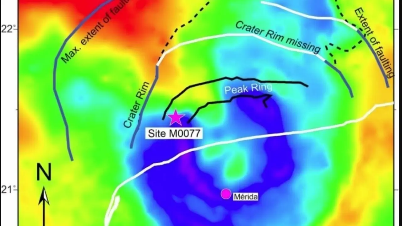 Ubicaci&oacute;n del sitio de perforaci&oacute;n M0077 en el cr&aacute;ter de Chicxulub, pen&iacute;nsula de Yucat&aacute;n, M&eacute;xico como se ve usando datos de gravedad.