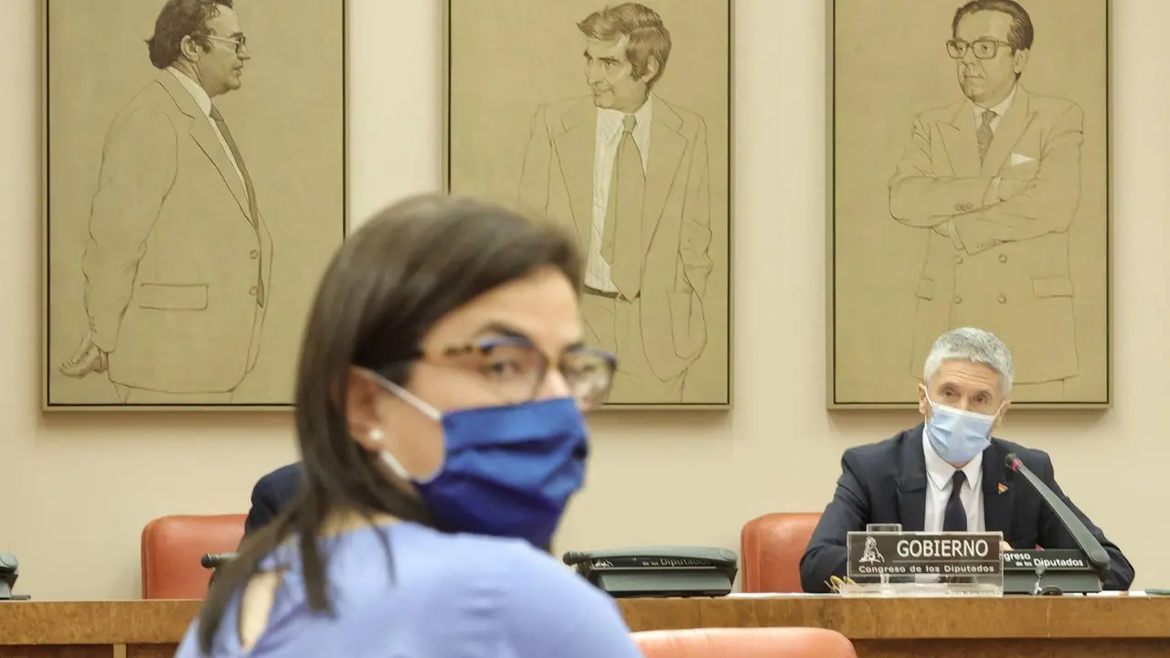 El ministro del Interior, Fernando Grande-Marlaska (d), a su llegada a la Comisi&oacute;n de Interior