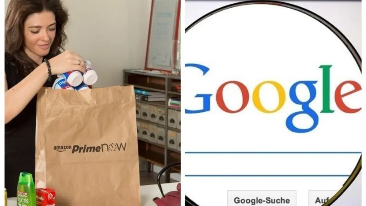 Archivo - Collage de las marcas Amazon y Google