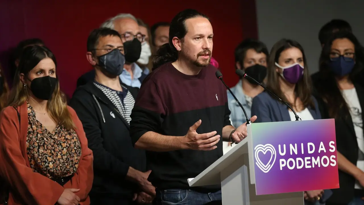 Archivo - El ex secretario general de Podemos Pablo Iglesias en la noche electoral tras los comicios auton&oacute;micos del 4 de mayo en Madrid.