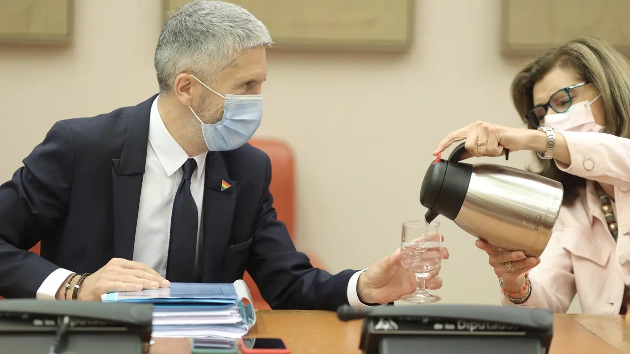 El ministro del Interior, Fernando Grande-Marlaska (i), a su llegada a la Comisi&oacute;n de Interior