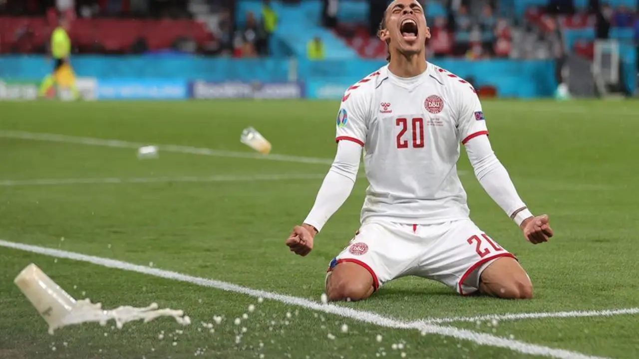 Yussuf Poulsen of Denmark celebrates after scoring the 2-0 during the Euro 2020 group B match between Russia and Denmark in Copenhagen, Denmark, Monday, 21 June 2021. EFE/EPA/Friedemann Vogel / POOL