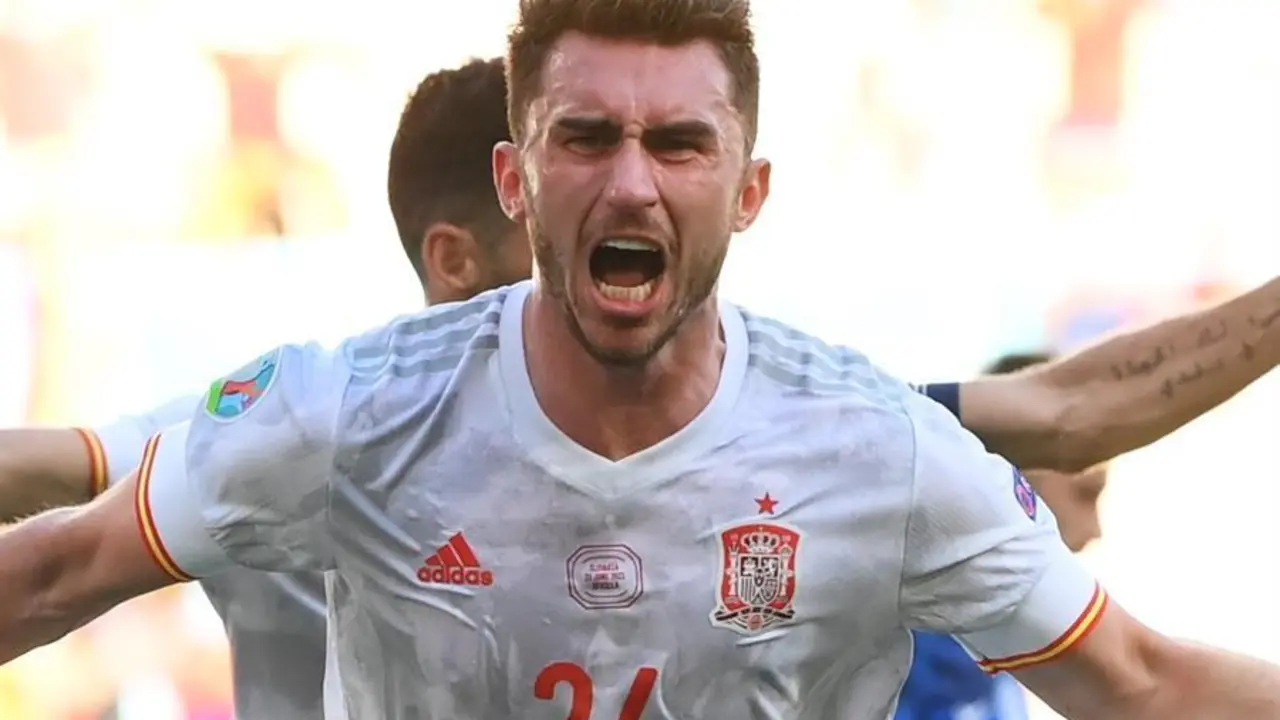 Aymeric Laporte of Spain celebrates after scoring the team's second goal during the UEFA EURO 2020 group E preliminary round soccer match between Slovakia and Spain in Seville, Spain, 23 June 2021. (Eslovaquia, Espa&ntilde;a, Sevilla) EFE/EPA/David Ramos / POOL (RESTRICTIONS: For editorial news reporting purposes only. Images must appear as still images and must not emulate match action video footage. Photographs published in online publications shall have an interval of at least 20 seconds between the posting.)