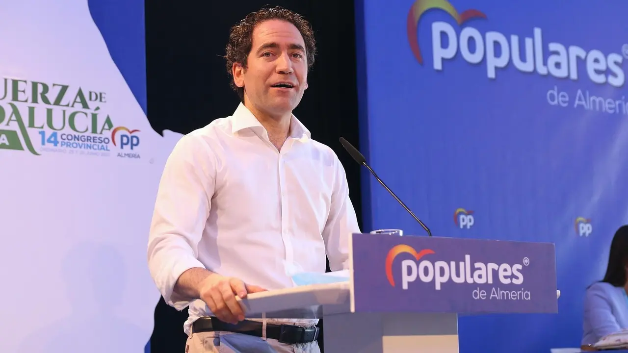 El secretario general del PP, Teodoro Garc&iacute;a, durante la clausuran el 14&ordm; Congreso Provincial del PP a 26 de junio del 2021 en Almer&iacute;a (Andaluc&iacute;a)
