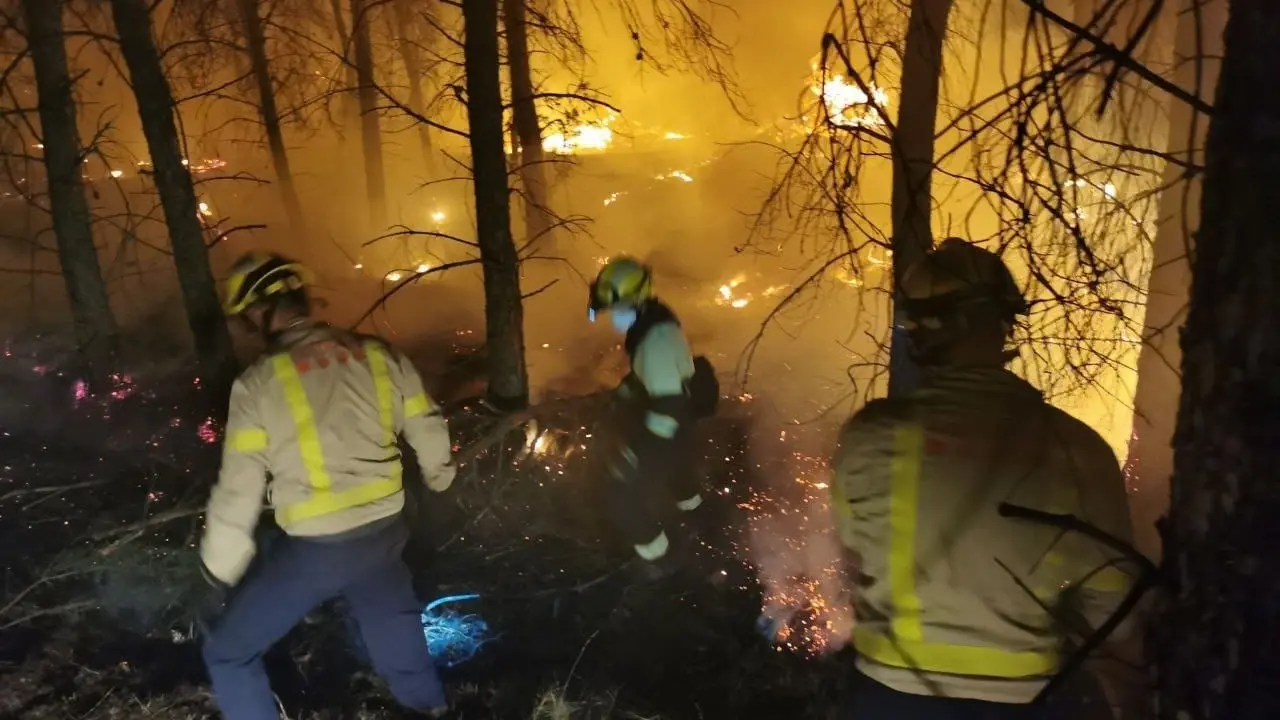 Los Bombers de la Generalitat trabajan para apagar el incendio que ha empezado en Alfarr&agrave;s (Lleida).