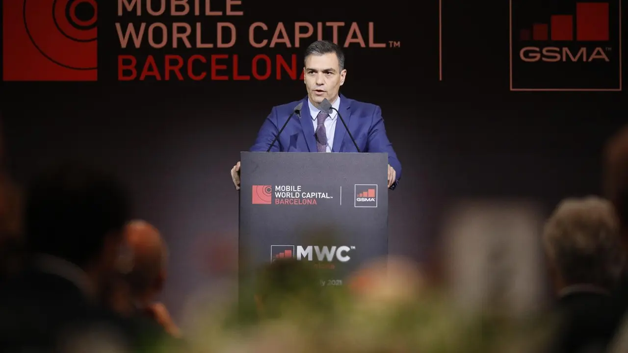 El presidente del Gobierno, Pedro S&aacute;nchez, en la cena inaugural del MWC 2021