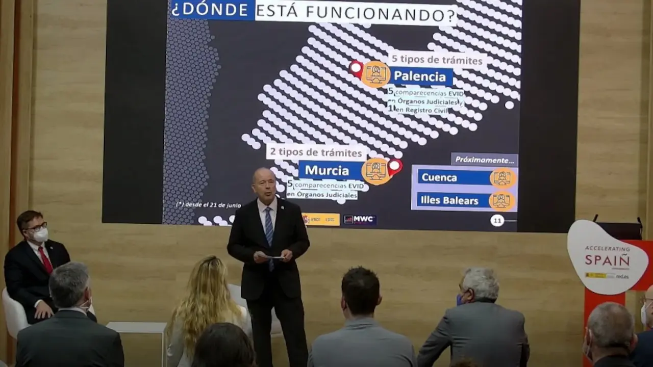 El ministro de Justicia, Juan Carlos Campo, interviene en el Mobile World Congress (MWC) de Barcelona. En L'Hospitalet de Llobregat, el 28 de junio de 2021.
