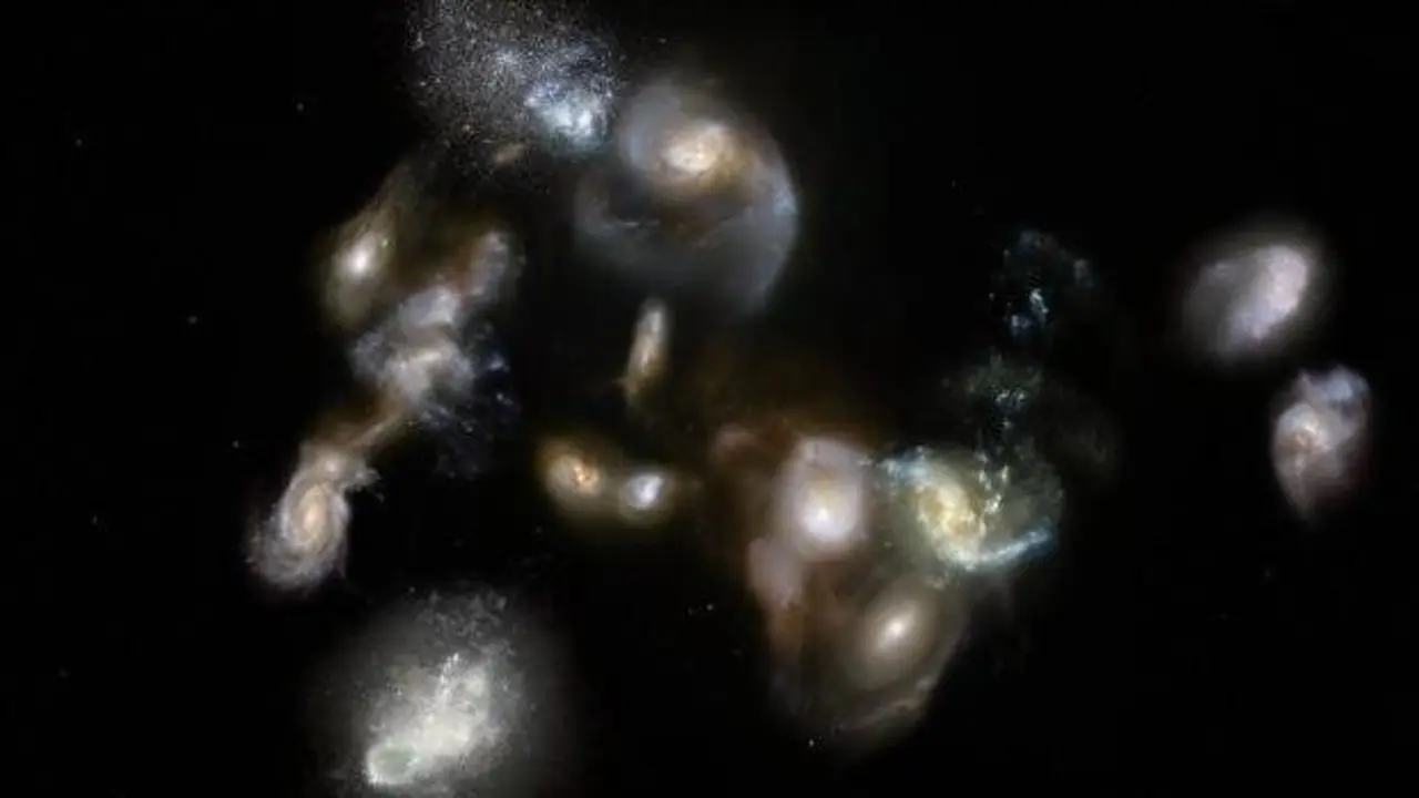 Impresi&oacute;n de un artista del protogl&uacute;mulo de galaxias SPT2349-56, un grupo de m&aacute;s de una docena de galaxias que interact&uacute;an en el universo temprano.