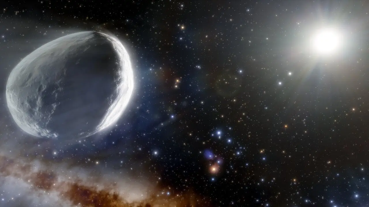 This illustration shows the distant Comet Bernardinelli-Bernstein as it might look in the outer Solar System. Comet Bernardinelli-Bernstein is estimated to be about 1000 times more massive than a typical comet, making it arguably the largest comet discovered in modern times. It has an extremely elongated orbit, journeying inward from the distant Oort Cloud over millions of years. It is the most distant comet to be discovered on its incoming path.