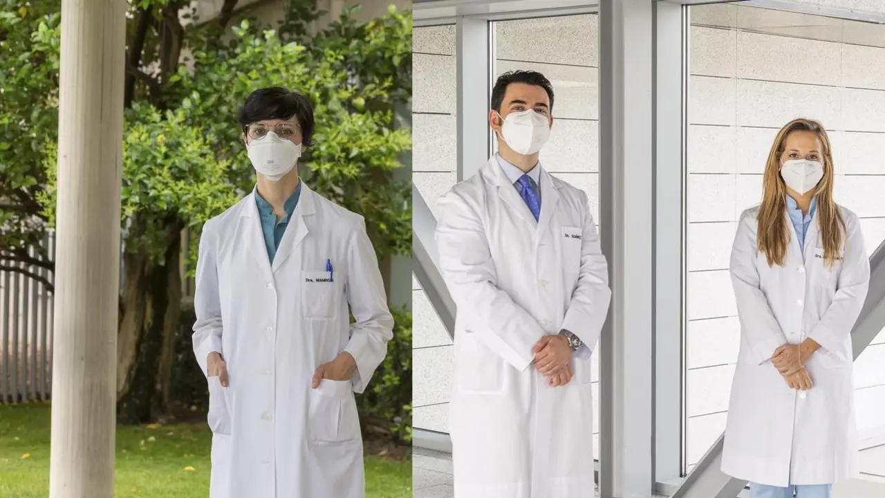 I-D: Los investigadores de la Cl&iacute;nica Universidad de Navarra Pablo Dom&iacute;nguez y Raquel Manrique, en la sede de Pamplona, y los doctores V&iacute;ctor Vega, Nieves L&oacute;pez y Nicol&aacute;s P&eacute;rez, en la sede de Madrid.