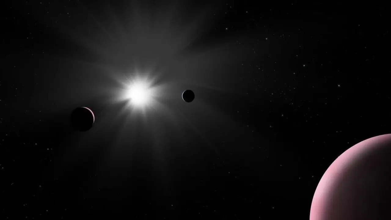 La impresi&oacute;n de este artista muestra el sistema planetario Nu2 Lupi, que fue explorado recientemente por el observador de exoplanetas de la ESA, Cheops.