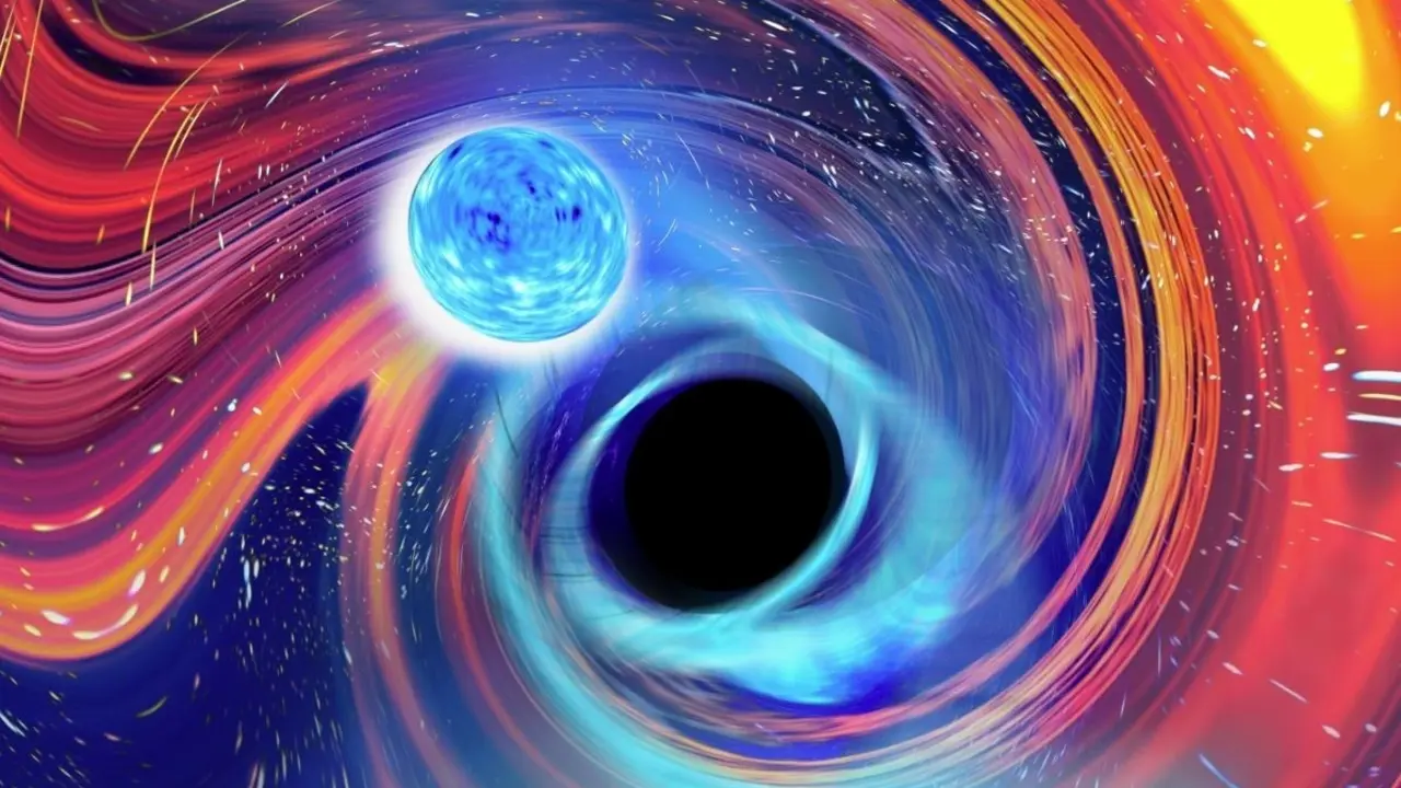 Una imagen art&iacute;stica inspirada en un evento de fusi&oacute;n de estrellas de neutrones y agujero negro
