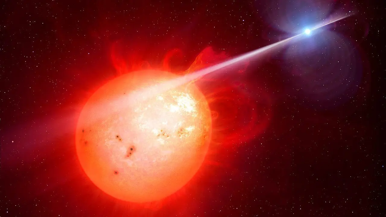 This artist&rsquo;s impression shows the strange object AR Scorpii. In this unique double star a rapidly spinning white dwarf star (right) powers electrons up to almost the speed of light. These high energy particles release blasts of radiation that lash the companion red dwarf star (left) and cause the entire system to pulse dramatically every 1.97 minutes with radiation ranging from the ultraviolet to radio.