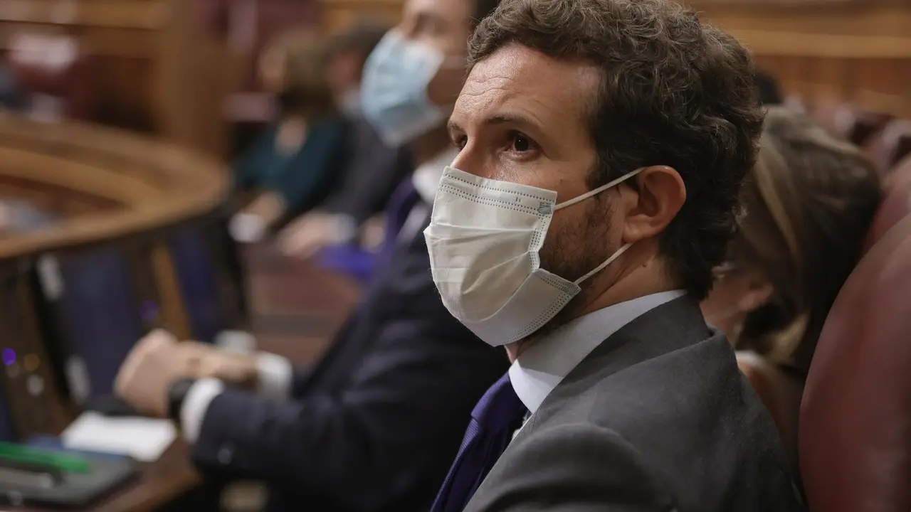 El l&iacute;der del PP, Pablo Casado, en una sesi&oacute;n de control al Gobierno en el Congreso de los Diputados, a 23 de junio de 2021, en Madrid, (Espa&ntilde;a). 
