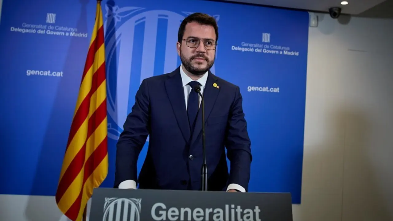 El president de la Generalitat catalana, Pere Aragon&egrave;s ofrece una rueda de prensa en la librer&iacute;a Blanquerna tras la reuni&oacute;n mantenida con el presidente del Gobierno, a 29 de junio de 2021, en Madrid (Espa&ntilde;a). 