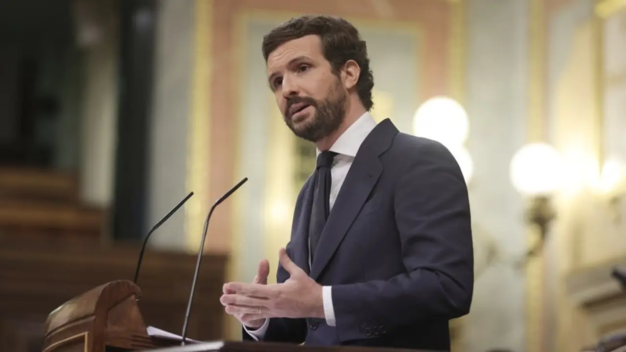 El l&iacute;der del PP, Pablo Casado, interviene en el Pleno del Congreso de los Diputados que debate sobre los indultos. En  Madrid, a 30 de junio de 2021.