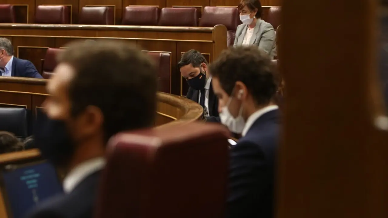 Archivo - El l&iacute;der de Vox, Santiago Abascal, durante una sesi&oacute;n en el Congreso, con los 'populares' Pablo Casado y Teodoro Garc&iacute;a Egea.