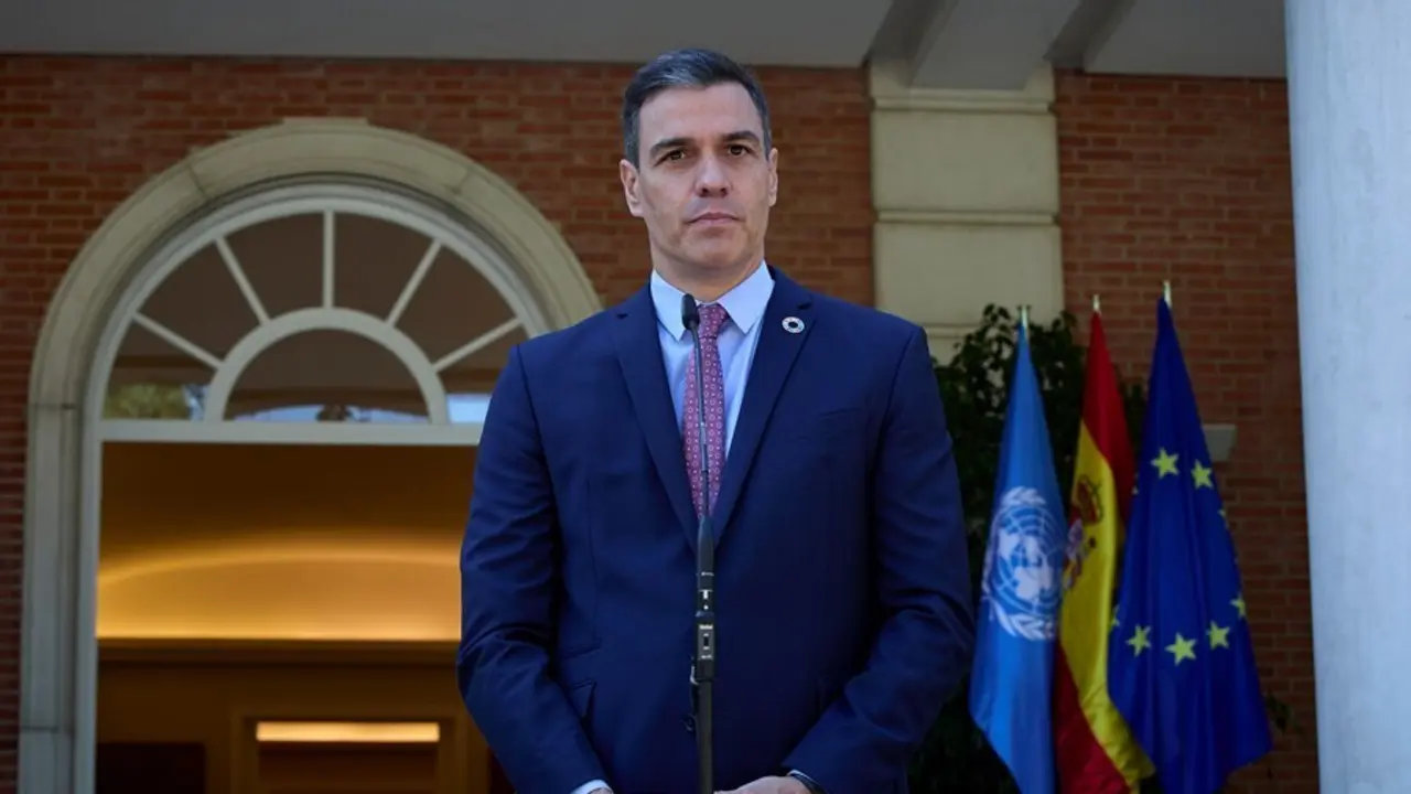 El presidente del Gobierno, Pedro S&aacute;nchez, interviene en una rueda de prensa posterior a una reuni&oacute;n con el secretario general de las Naciones Unidas, 2 de julio de 2021, en el Palacio de La Moncloa, Madrid. (Espa&ntilde;a).  