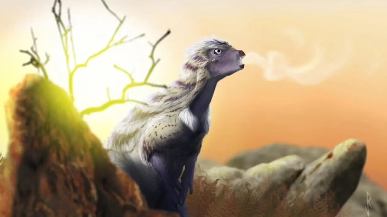 Reconstrucci&oacute;n de la vida de Heterodontosaurus vocalizando en una fresca ma&ntilde;ana del Jur&aacute;sico.