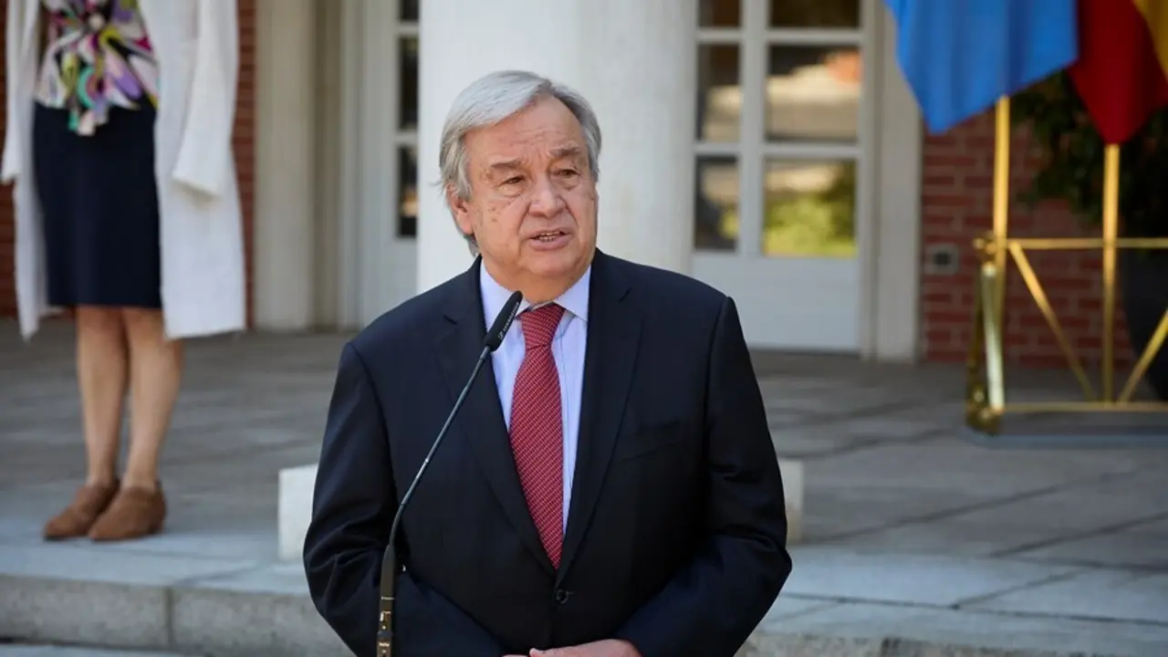 El secretario general de Naciones Unidas, Antonio Guterres, interviene en una rueda de prensa posterior a una reuni&oacute;n con el presidente del Gobierno, 2 de julio de 2021, en el Palacio de La Moncloa, Madrid. (Espa&ntilde;a)