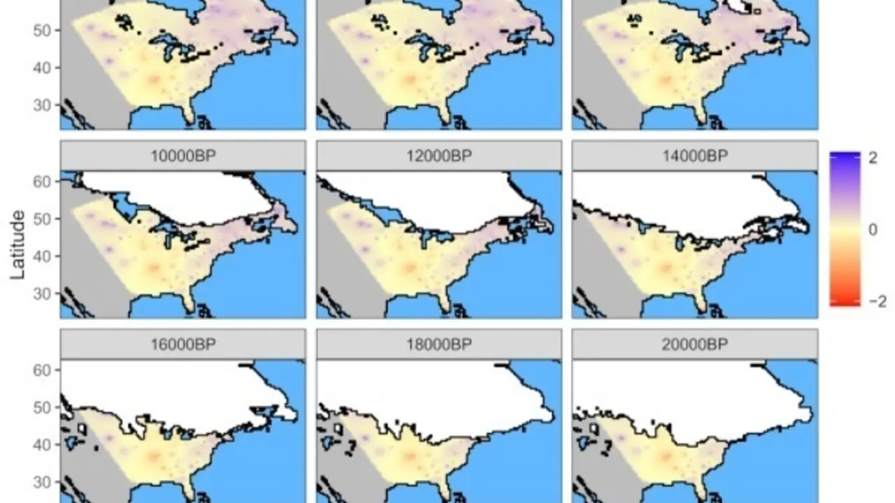 Mapa en el que se puede observar como ha cambiado la capa de hielo y las relaciones filogen&eacute;ticas de las formaciones vegetales en Norte Am&eacute;rica desde el &Uacute;ltimo M&aacute;ximo Glacial (hace ~22.000 a&ntilde;os) hasta la actualidad.
