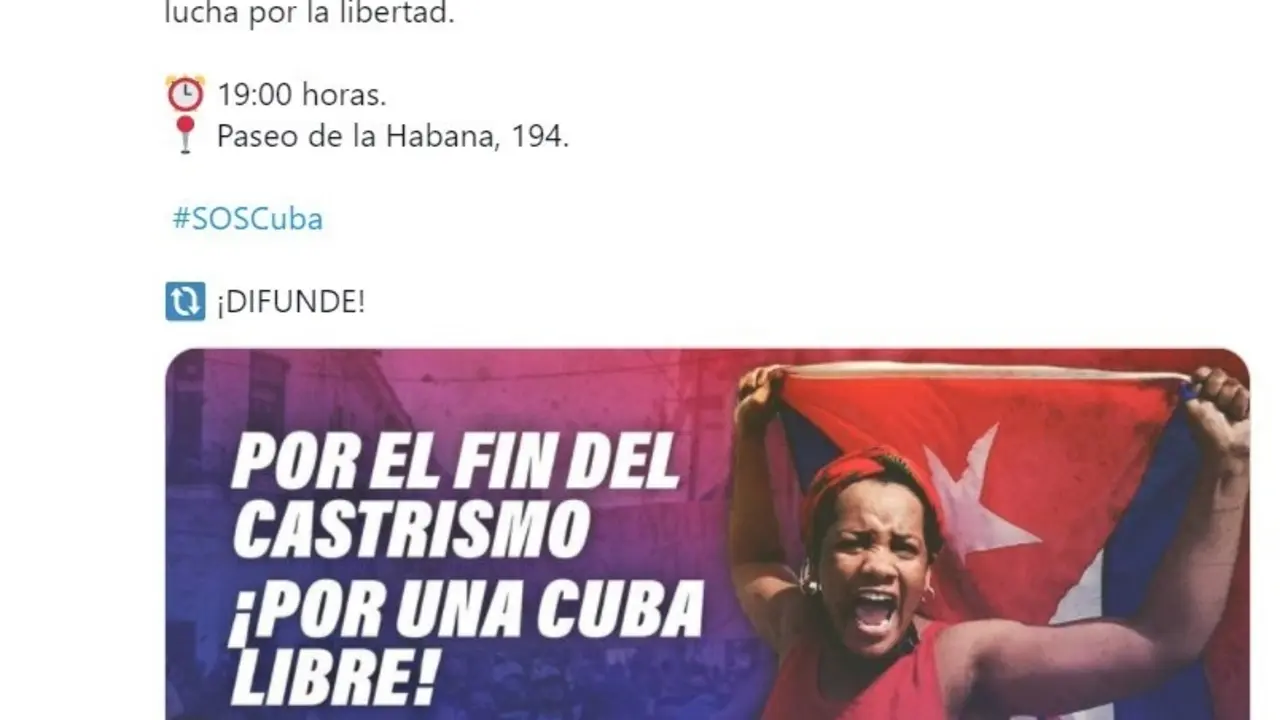 Captura del tweet de Vox Madrid en apoyo a las concentraciones que respaldan las protestas en Cuba