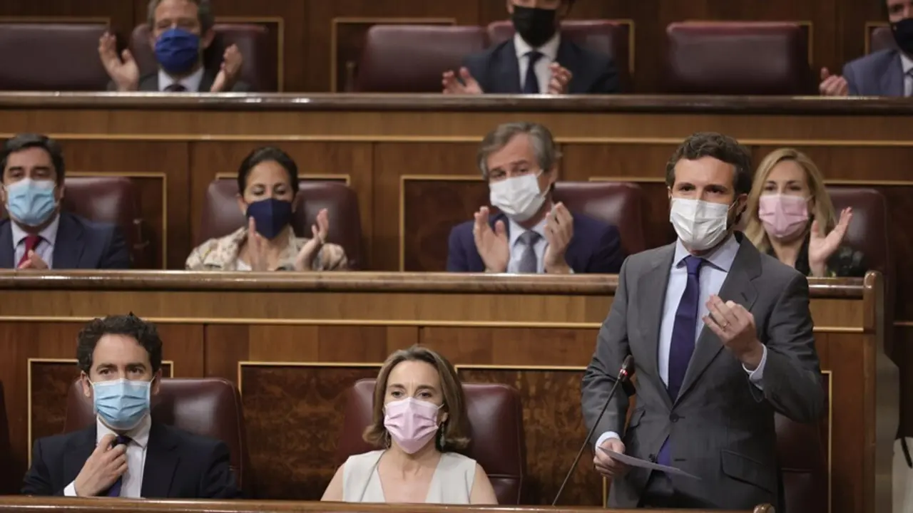 El l&iacute;der del PP, Pablo Casado, y varios cargos de la direcci&oacute;n del PP en el Pleno del Congreso de los Diputados. En Madrid, a 23 de junio de 2021.
