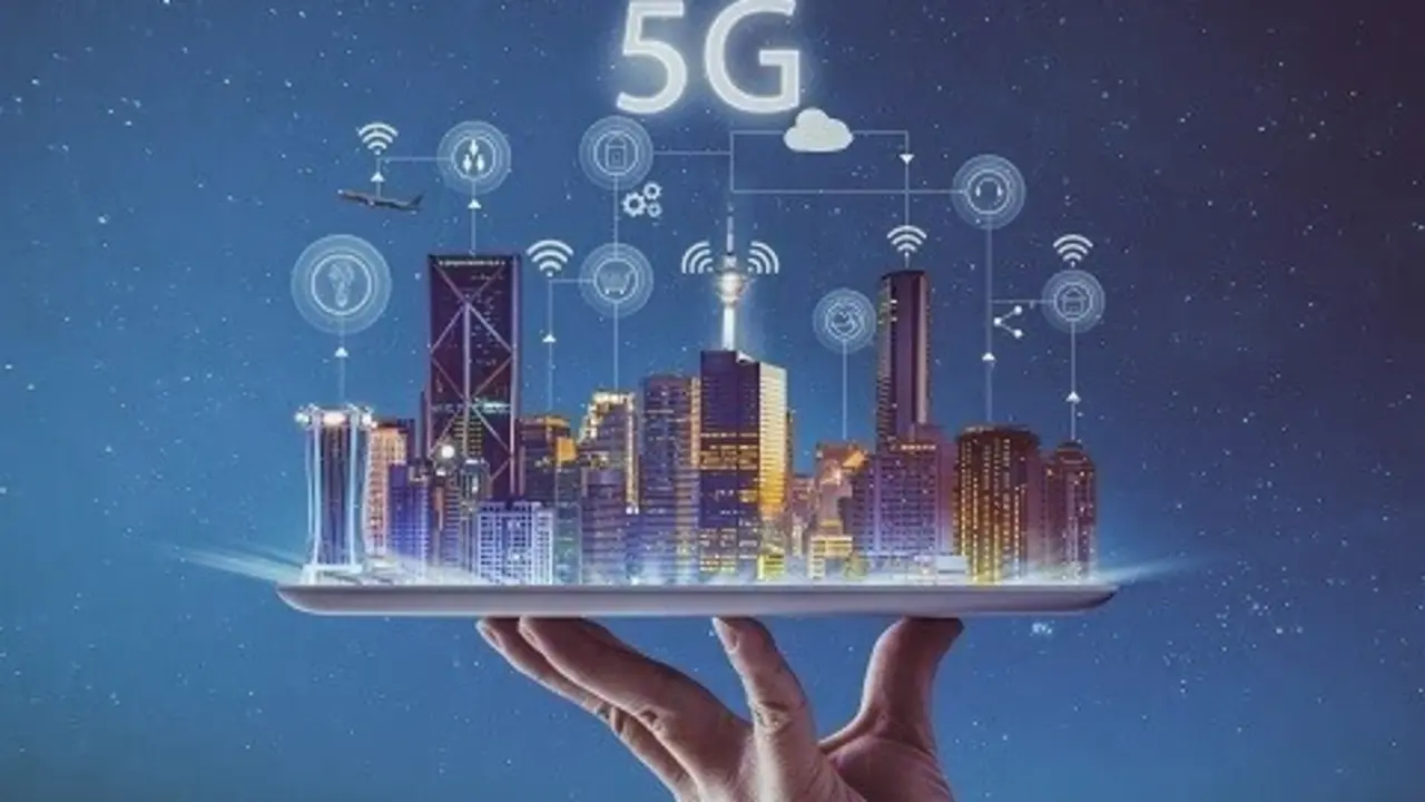 Waiter hand holding an empty digital tablet with smart city and 5G network wireless systems and internet of things .