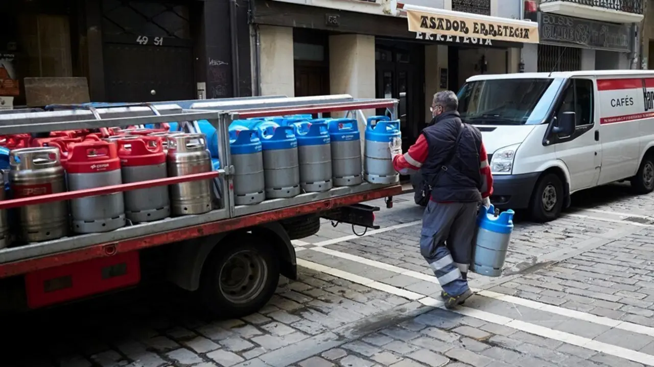 Archivo - Un repartidor deja bombonas de butano a un bar en Pamplona, Navarra (Espa&ntilde;a), a 17 de diciembre de 2020. Navarra reabre hoy el interior de los locales de hosteler&iacute;a con aforo al 30% tras casi dos meses de cierre por las restricciones frente al C