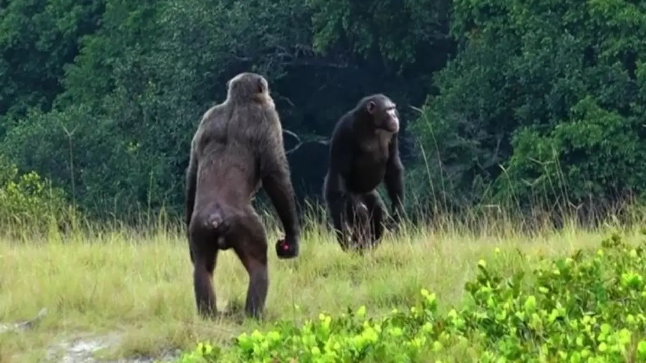 Dos machos adultos de la comunidad Rekambo del Proyecto Chimpanc&eacute; Loango en Gab&oacute;n revisando el &aacute;rea.