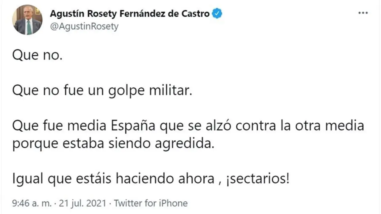 Captura del comentario del diputado de Vox Agust&iacute;n Rosety en Twitter