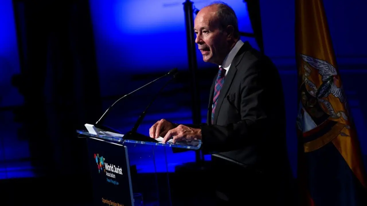 El ministro de Justicia, Juan Carlos Campo, interviene en la clausura de la jornada del encuentro internacional de juristas organizado por la World Jurist Association, a 6 de julio de 2021, en la Casa Am&eacute;rica, Madrid, (Espa&ntilde;a). Esta segunda jornada ha gir