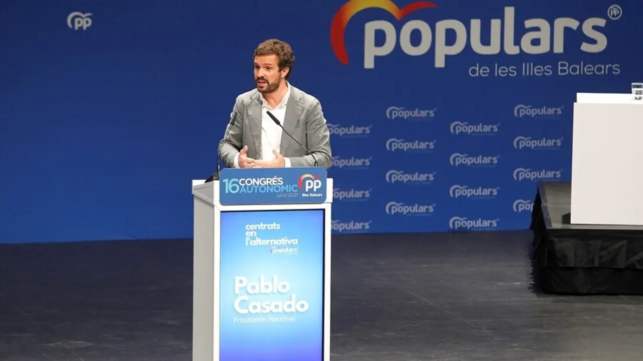 El presidente del PP, Pablo Casado, durante el XVI congreso del PP de Baleares, a 24 de julio de 2021, en Palma, Mallorca, Islas Baleares