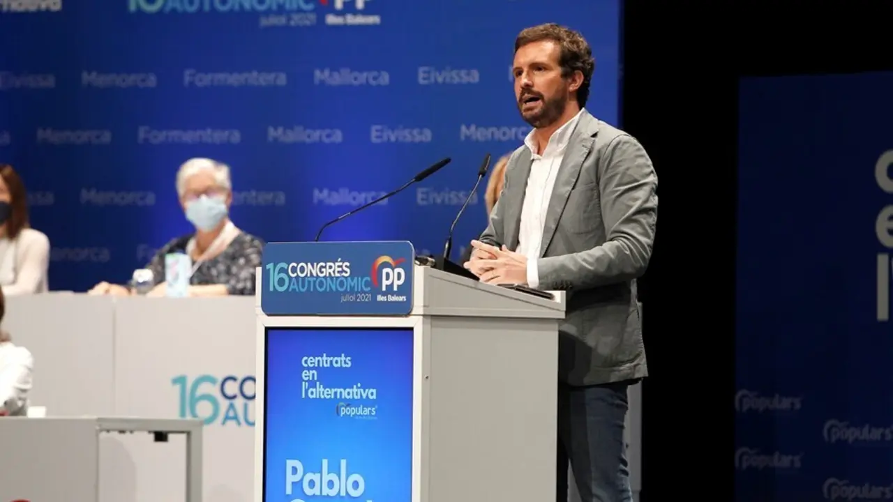 El presidente del PP, Pablo Casado, durante el XVI congreso del PP de Baleares, a 24 de julio de 2021, en Palma, Mallorca