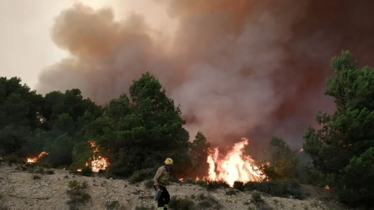 Imagen del fuego de Santa Coloma de Queralt (Tarragona), que ha quemado unas 1.200 hect&aacute;reas