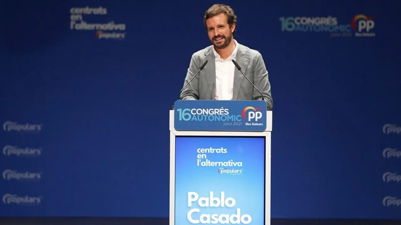El presidente del PP, Pablo Casado, durante el XVI congreso del PP de Baleares, a 24 de julio de 2021, en Palma, Mallorca, Islas Baleares (Espa&ntilde;a).