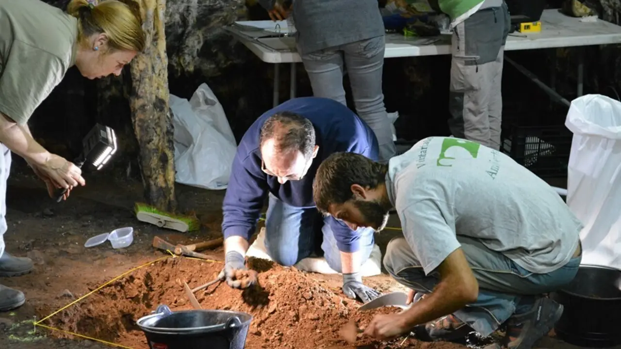 El equipo de investigadores de la UCA lleva a cabo tgrabajo de campo en la cueva de Ardales (M&aacute;laga)