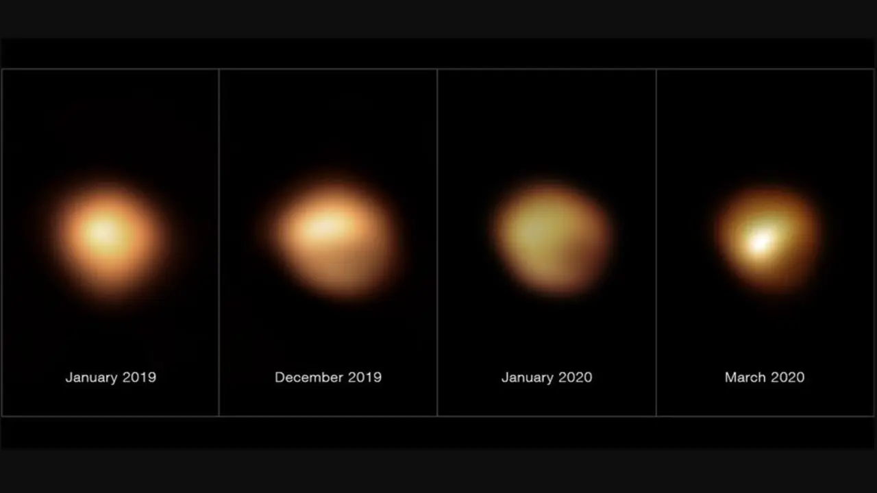 Archivo - Estas im&aacute;genes, tomadas con el instrumento SPHERE, instalado en el Very Large Telescope de ESO, muestran la superficie de la estrella supergigante roja Betelgeuse durante una atenuaci&oacute;n sin precedentes que tuvo lugar a finales de 2019 y principi