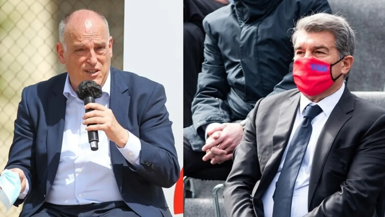 Archivo - El presidente de LaLiga, Javier Tebas, y el presidente del FC Barcelona, Joan Laporta, en distintos actos